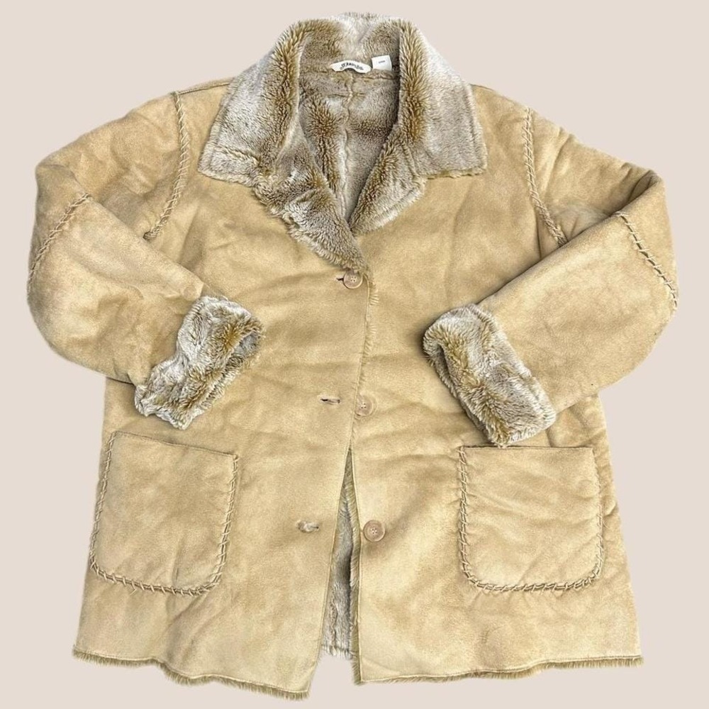 Vintage St. Johns Tan Suede Penny Lane Faux Fur Winter Shearling Coat 1XL